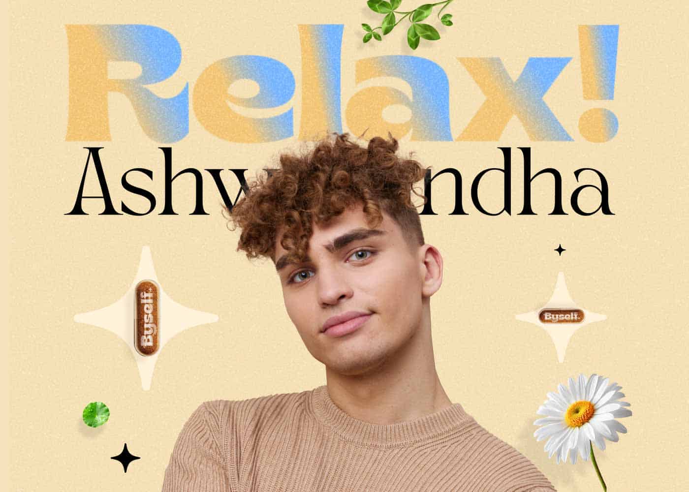 בחור צעיר של בייסלף מחייך למצלמה על רקע של המילה אשווגנדה, צמח מרפא עוצמתי שעוזר לישון ולהרגע.