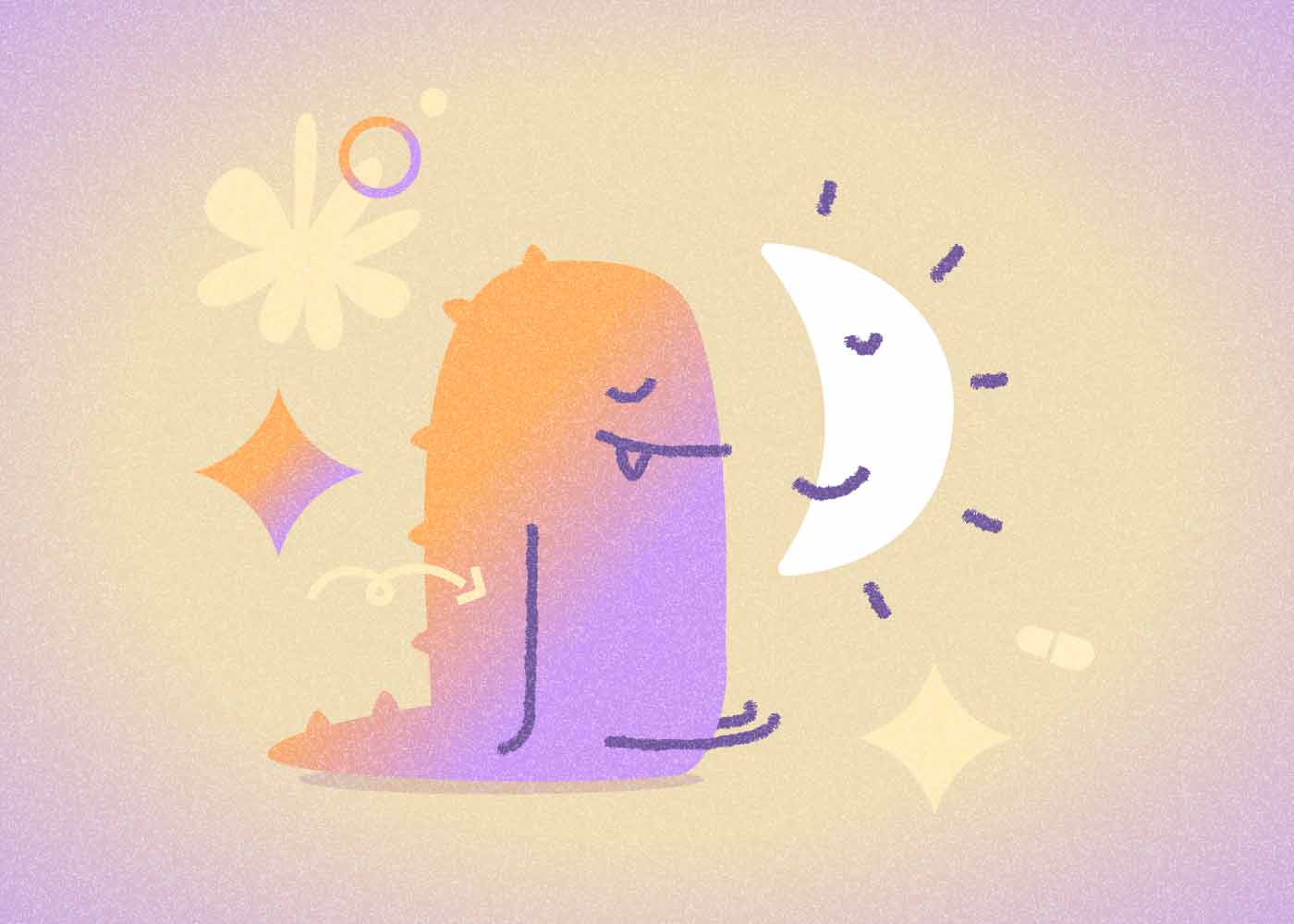 יצור חמוד עם עיניים עצומות מסתכל על ירח ומספר סיפור על התעוררות לילית ונדודי שינה שפוגעים בהרבה אנשים בישראל.
