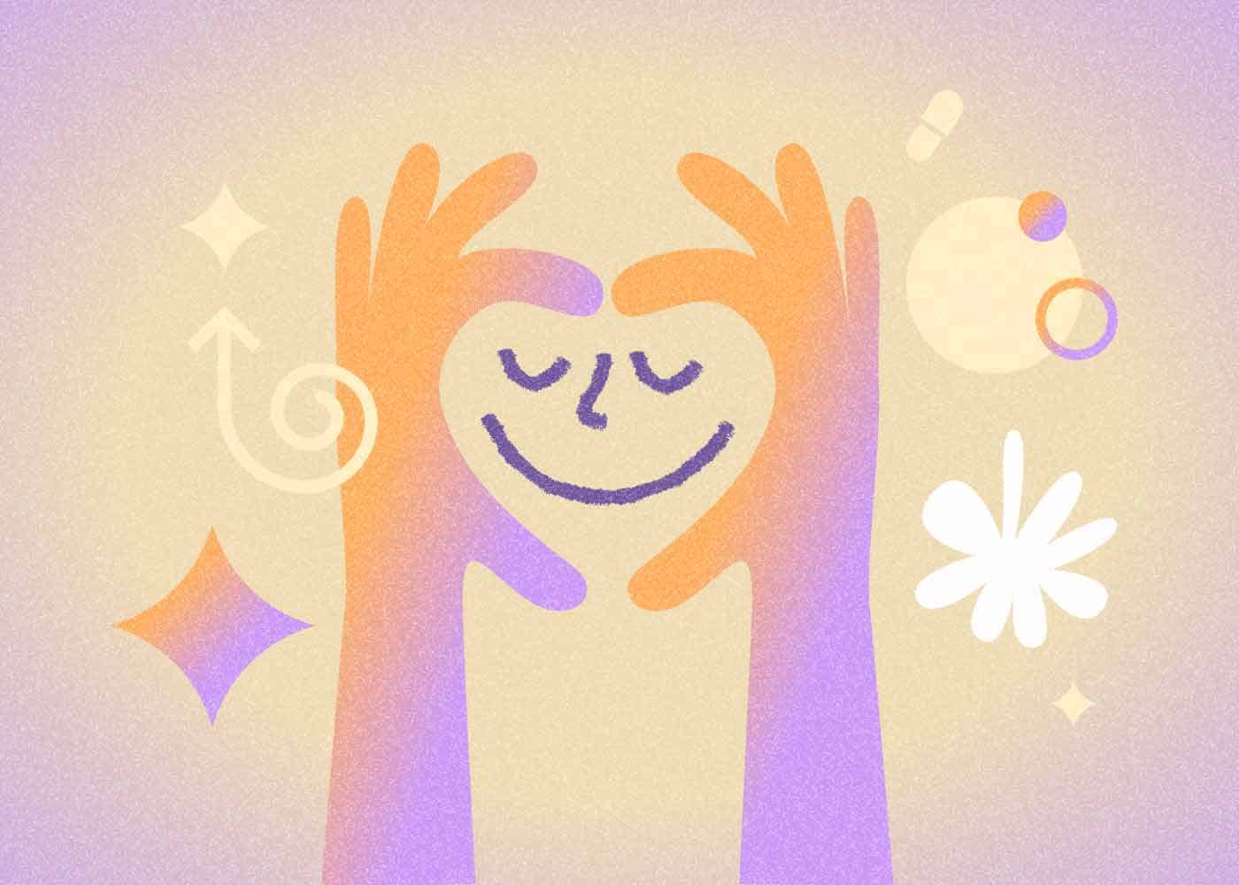 ידיים שעושות צורת לב עם פרצוף חמוד בצבעים שמחים ונעימים. איור של בייסלף שמסמל את התקווה, האופטימיות והגישה החיובית