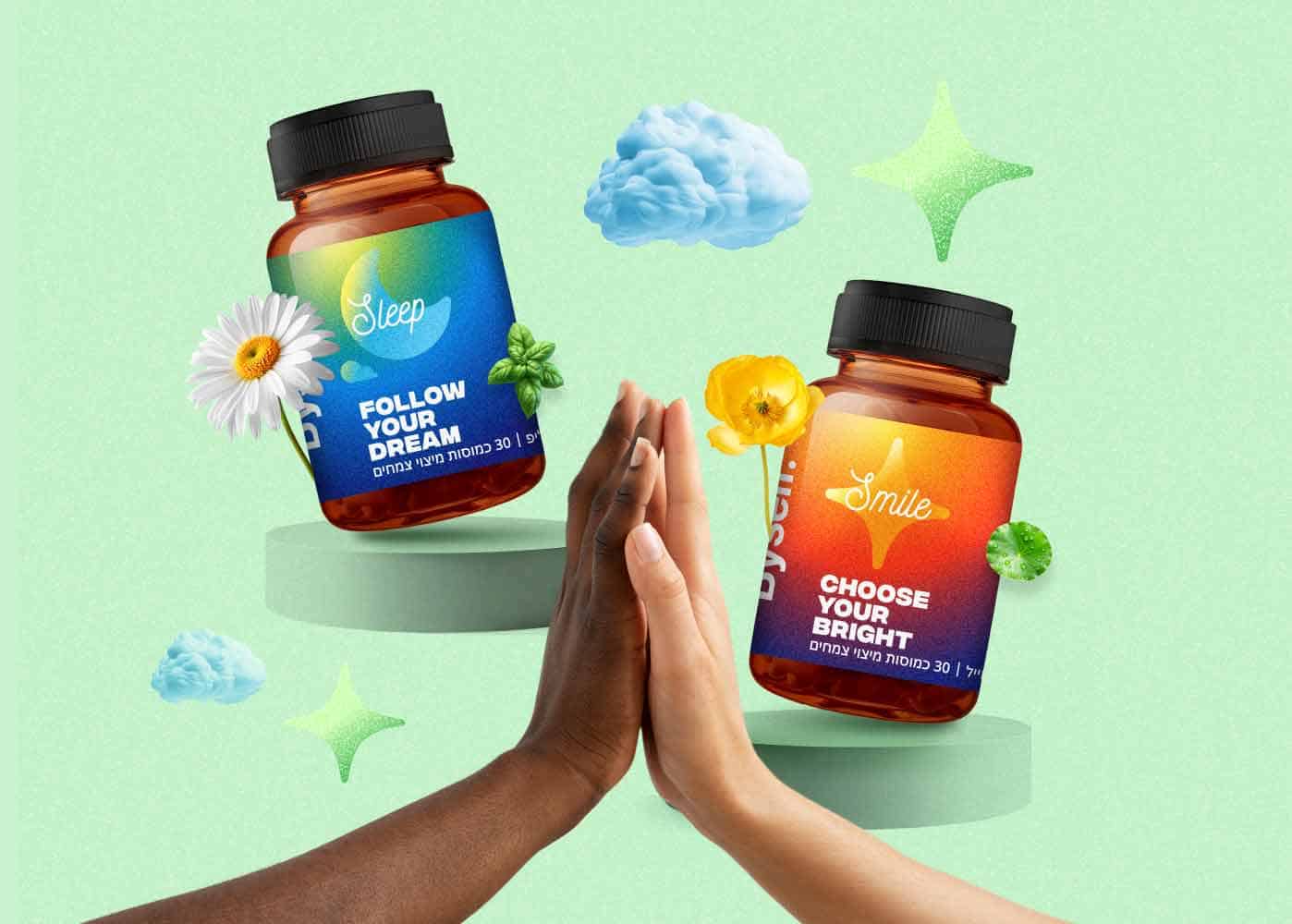 ידיים משולבות מסמלות את השלווה, החיבור והסינרגיה בין שני מוצרים משלימים של בייסלף מצב רוח ושינה