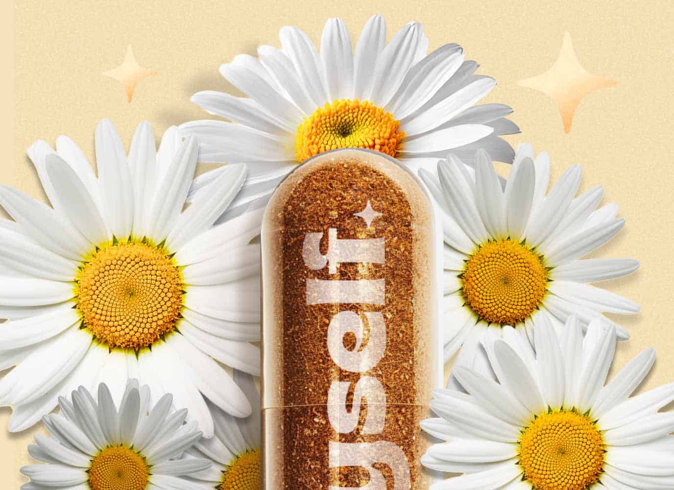 תוסף תזונה טבעי של בייסלף עטוף בפרחי קמומיל. גישה הרבליסטית טבעית 100%