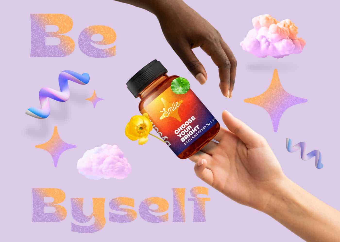 יד לבנה מושיטה את המוצר בייסלף סמייל ליד שחורה, סצינה מלאת השראה, יופי ורוח.